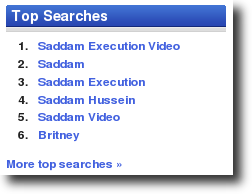 Screenshot of the top searches on Technorati on 2007-01-03: The first five are different searches referencing the Saddam Hussein execution. The last sixth and last search is just 'Britney'.