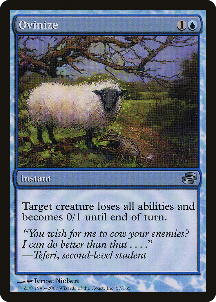 Picture of the Ovinize card from the Planar Chaos expansion, with art by Terese Nielsen, depicting a sheep standing above a warrior's armor
