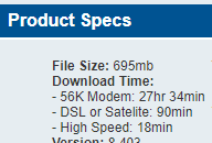 A 'Product Specs' box that shows estimated download times for 56K modems, 'DSL or Satelite', and 'High Speed' connections